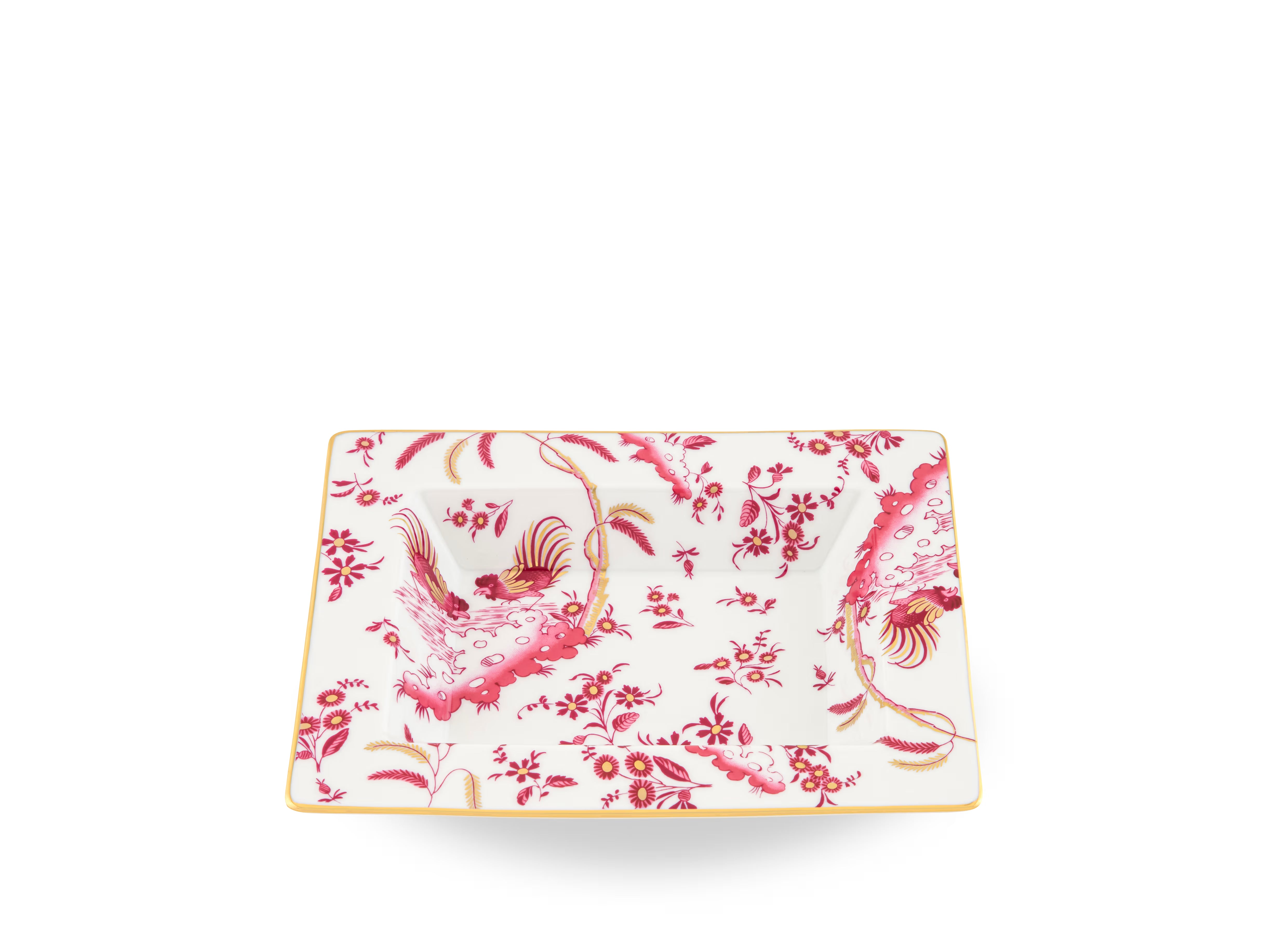  Decorative Vide Poche/Change Tray with floral Megenta Ji Ondori rooster pattern on a white background. "Ginori 1735 Is Luxury Tableware And A Great Designer Home Gifts"