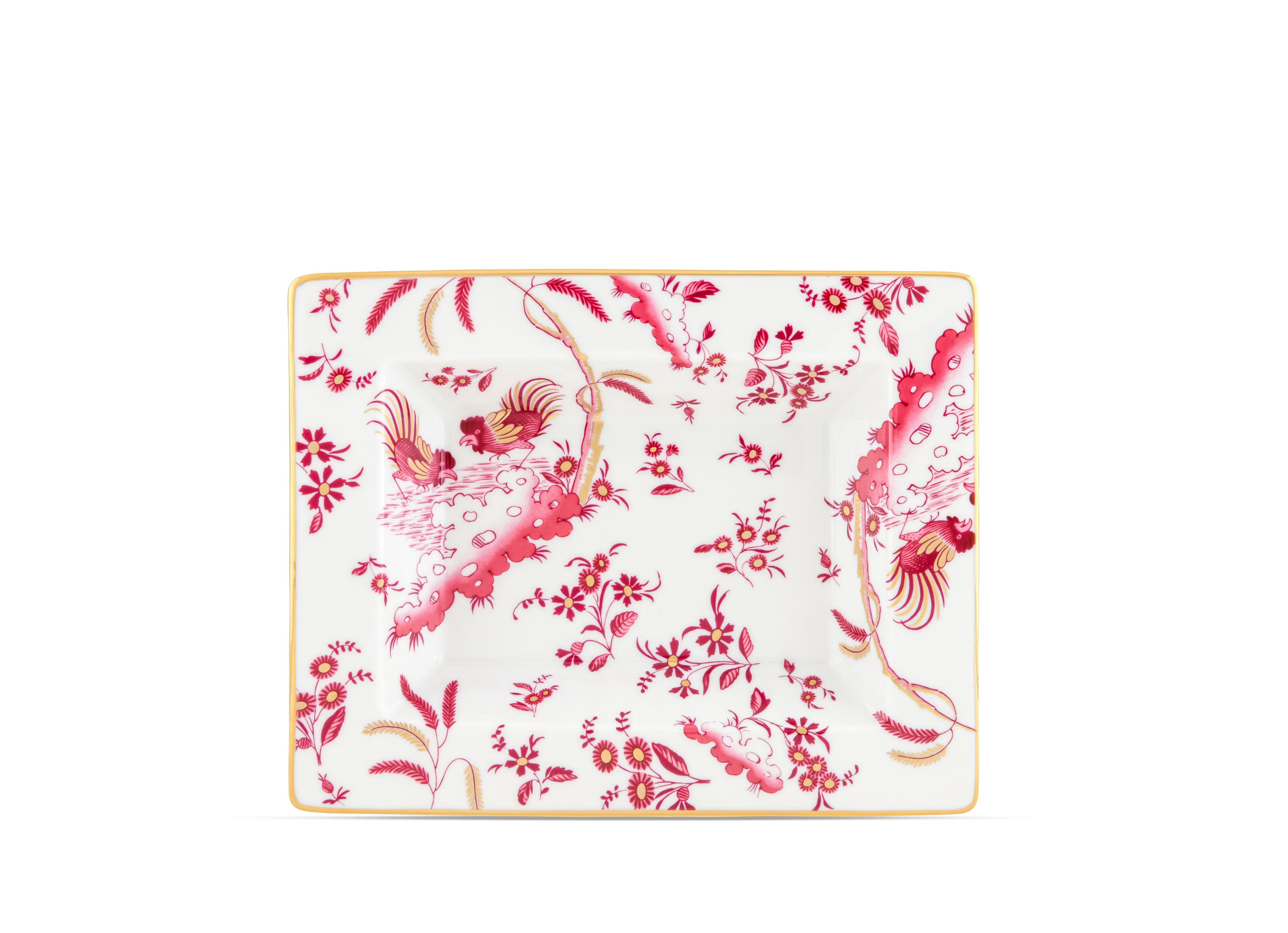  Decorative Vide Poche/Change Tray with floral Megenta Ji Ondori rooster pattern on a white background. "Ginori 1735 Is Luxury Tableware And A Great Designer Home Gifts"