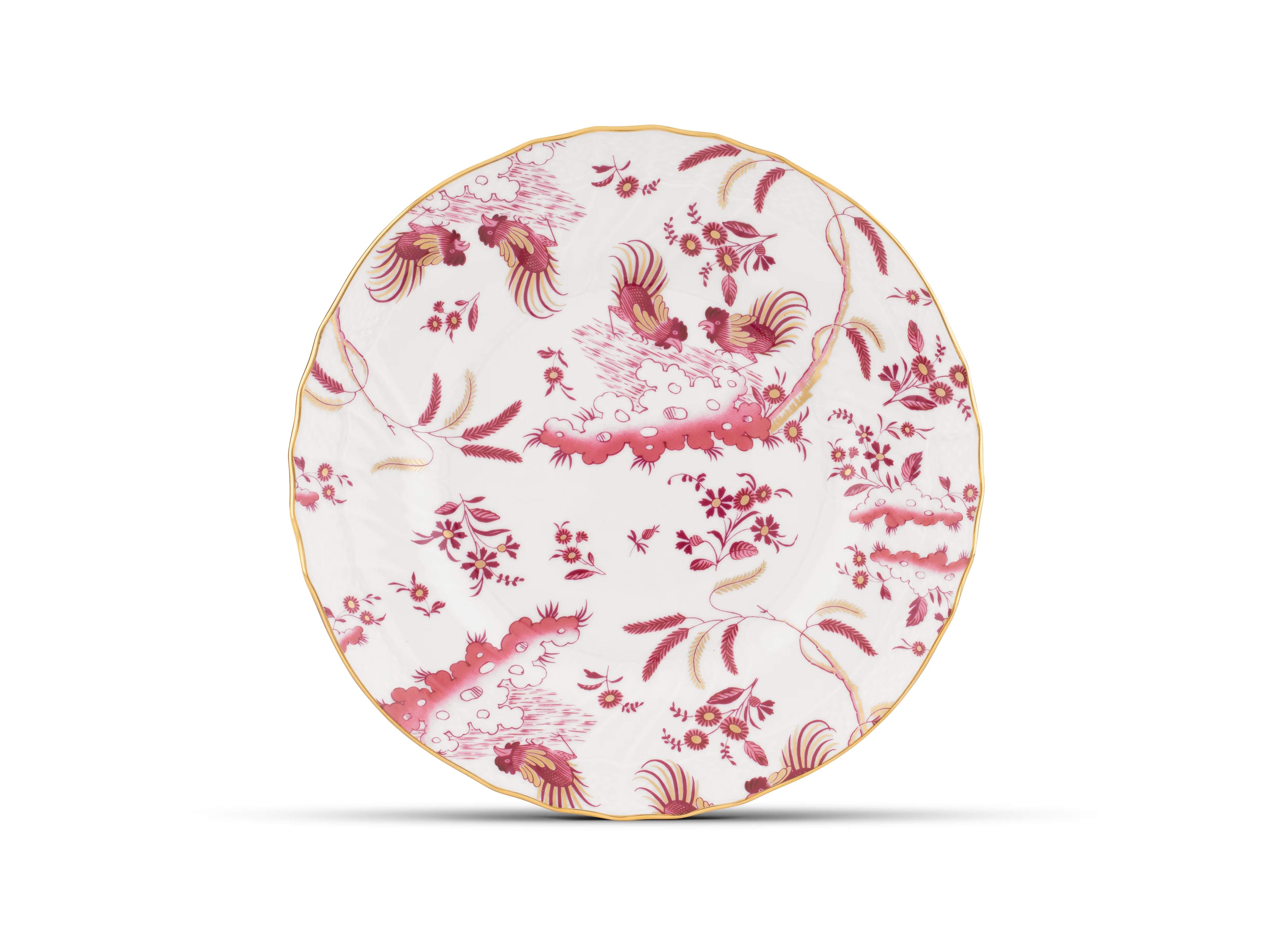 Decorative Dessert Plate with floral Megenta Ji Ondori rooster pattern on a white background. "Ginori 1735 Is Luxury Tableware And A Great Designer Home Gifts"
 Oro Di Doccia A white porcelain dessert plate with intricate floral patterns and gold accents. A Ji Ondori Rooster.