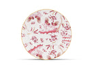 Decorative Dessert Plate with floral Megenta Ji Ondori rooster pattern on a white background. "Ginori 1735 Is Luxury Tableware And A Great Designer Home Gifts"
 Oro Di Doccia A white porcelain dessert plate with intricate floral patterns and gold accents. A Ji Ondori Rooster.
