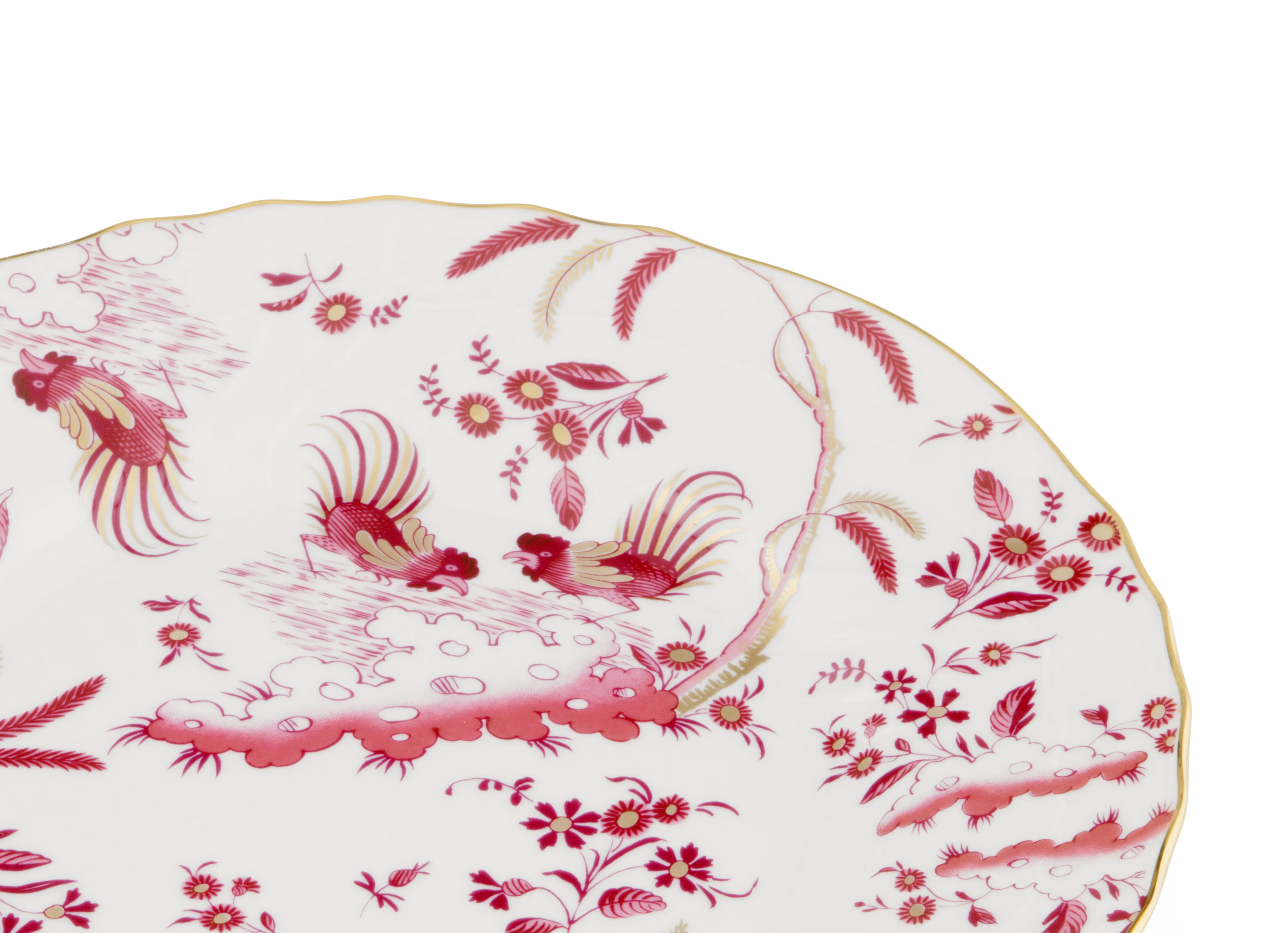 Decorative Dessert Plate with floral Megenta Ji Ondori rooster pattern on a white background. "Ginori 1735 Is Luxury Tableware And A Great Designer Home Gifts"
 Oro Di Doccia A white porcelain dessert plate with intricate floral patterns and gold accents. A Ji Ondori Rooster.