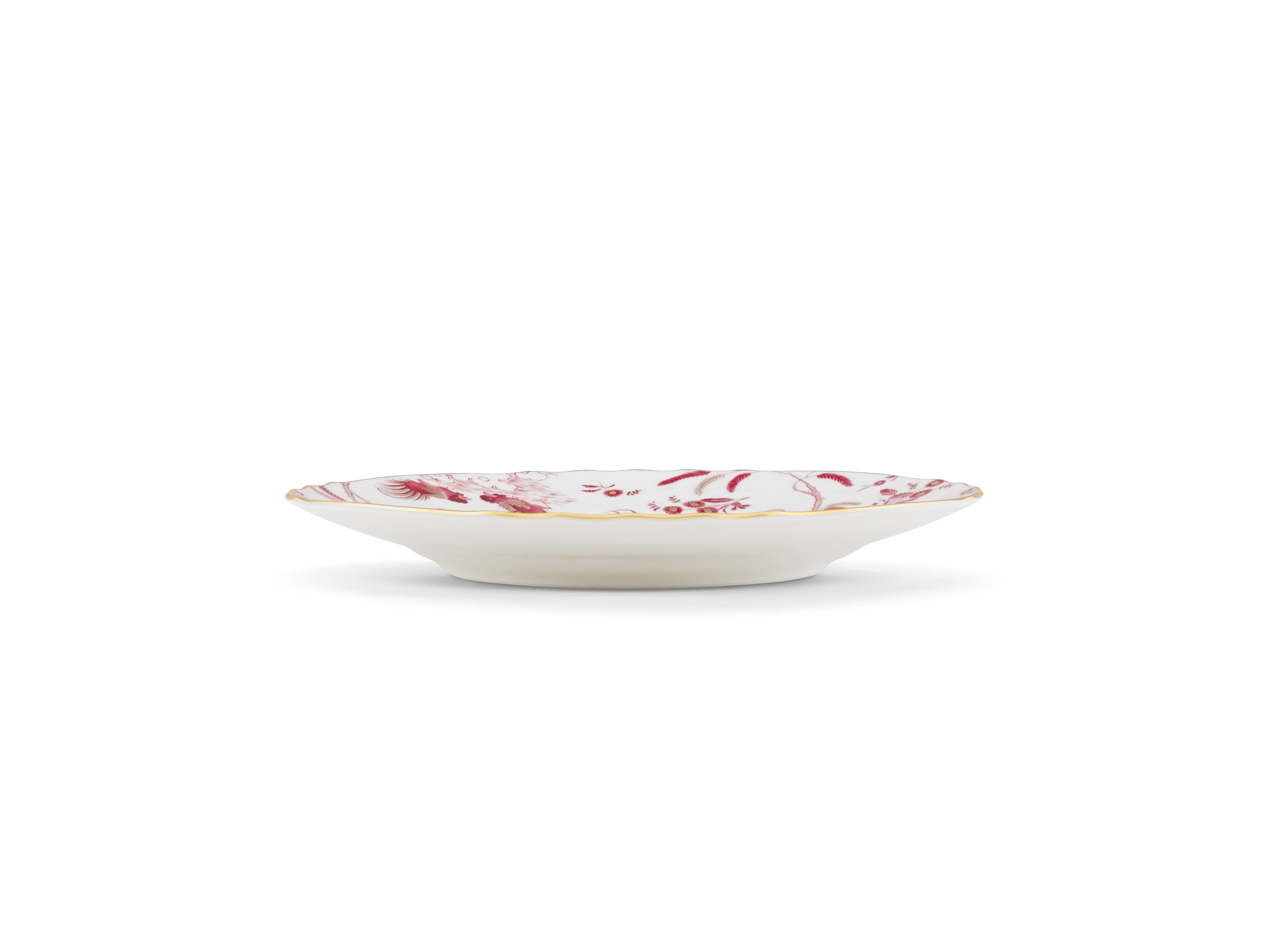 Decorative Pickle Dessert Plate with floral Megenta Ji Ondori rooster pattern on a white background. "Ginori 1735 Is Luxury Tableware And A Great Designer Home Gifts"
 Oro Di Doccia A white porcelain dessert plate with intricate floral patterns and gold accents. A Ji Ondori Rooster.