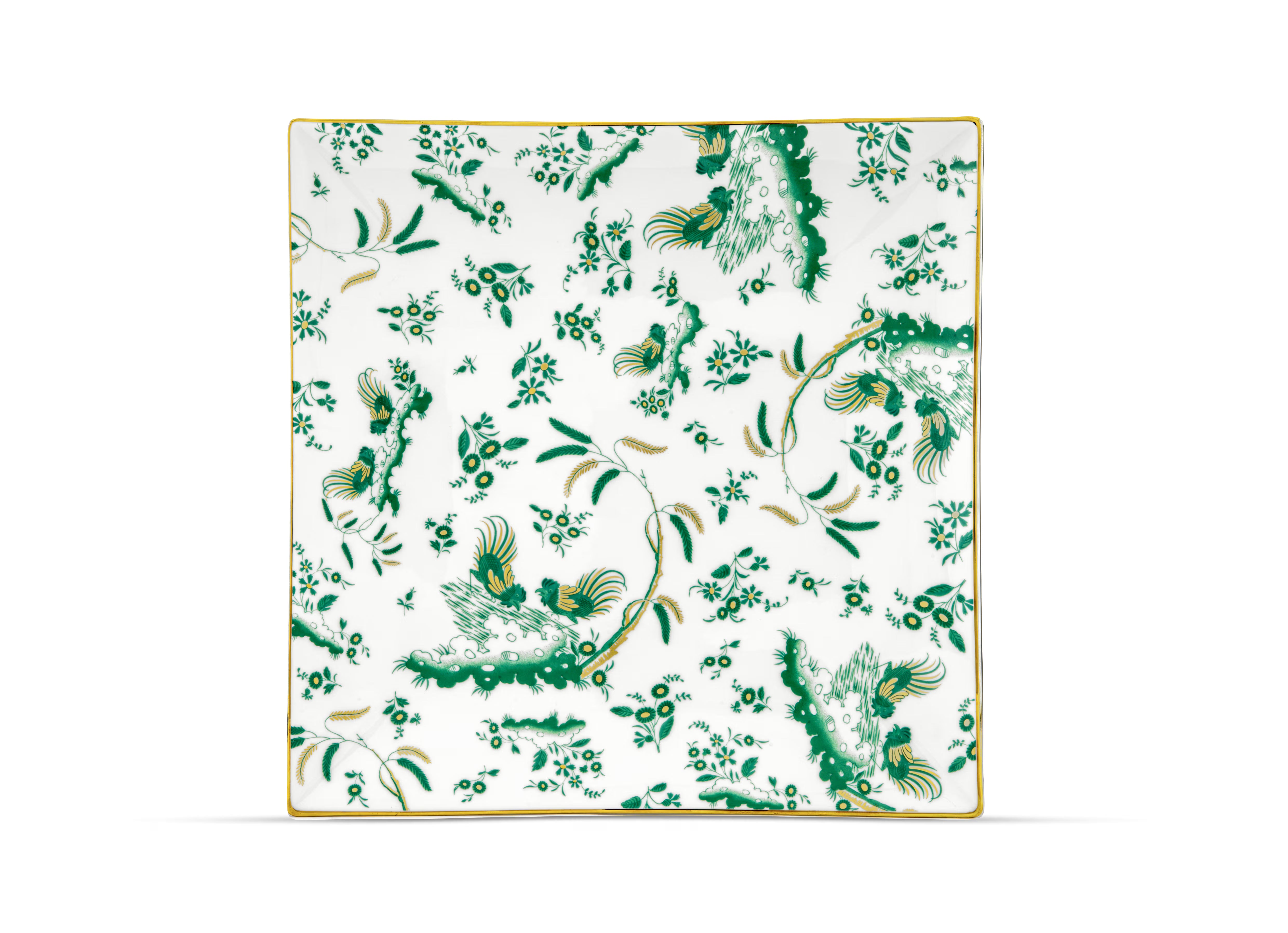 A square-shaped porcelain VIDE POCHE poche dish with a floral pattern and Green accents, featuring the Ginori brand logo. Ji Ondori rooster "Ginori 1735 Is Luxury Tableware Brand And Also Great For Designer Home Gifts"