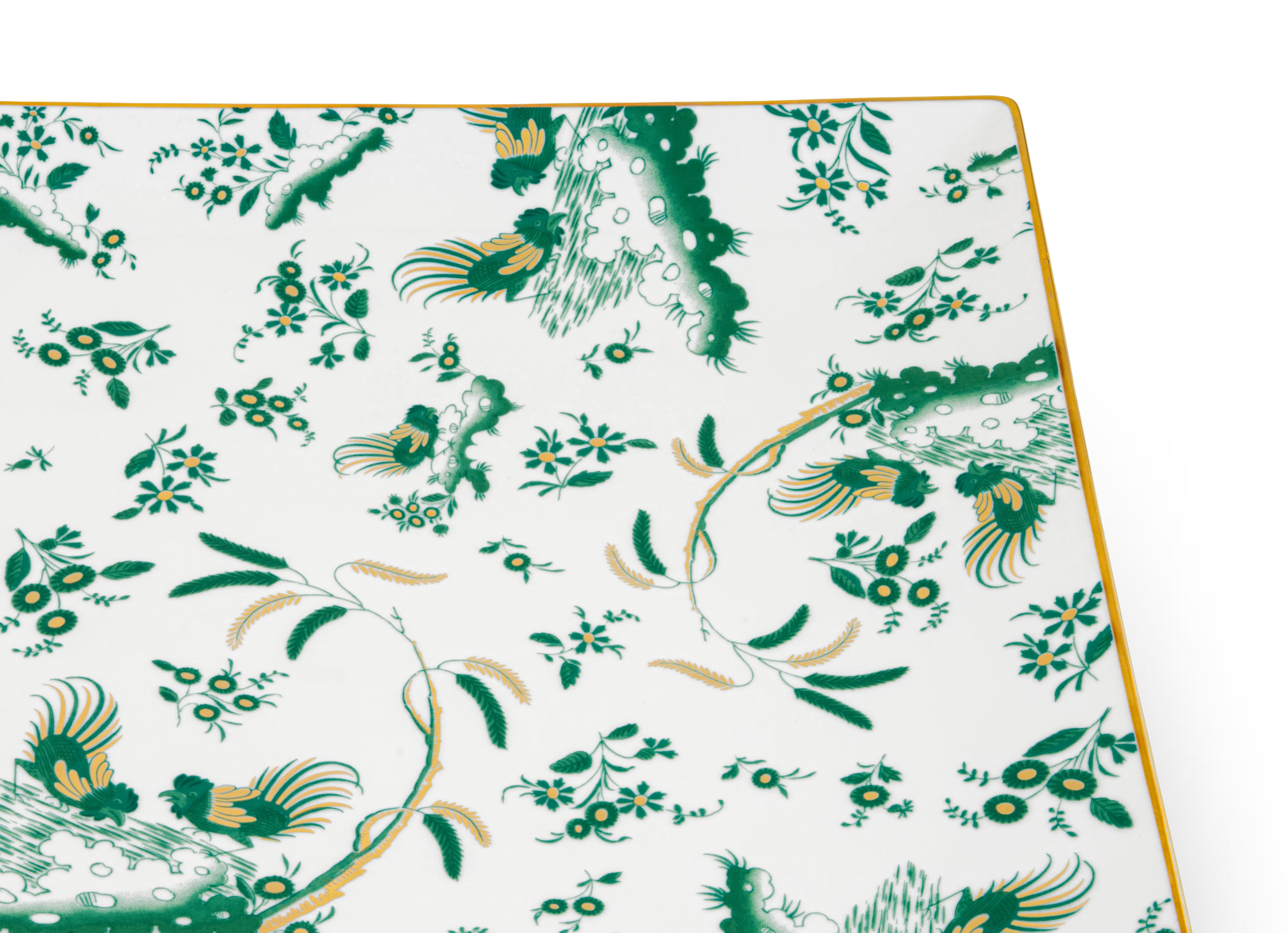 A square-shaped porcelain VIDE POCHE poche dish with a floral pattern and Green accents, featuring the Ginori brand logo. Ji Ondori rooster "Ginori 1735 Is Luxury Tableware Brand And Also Great For Designer Home Gifts"