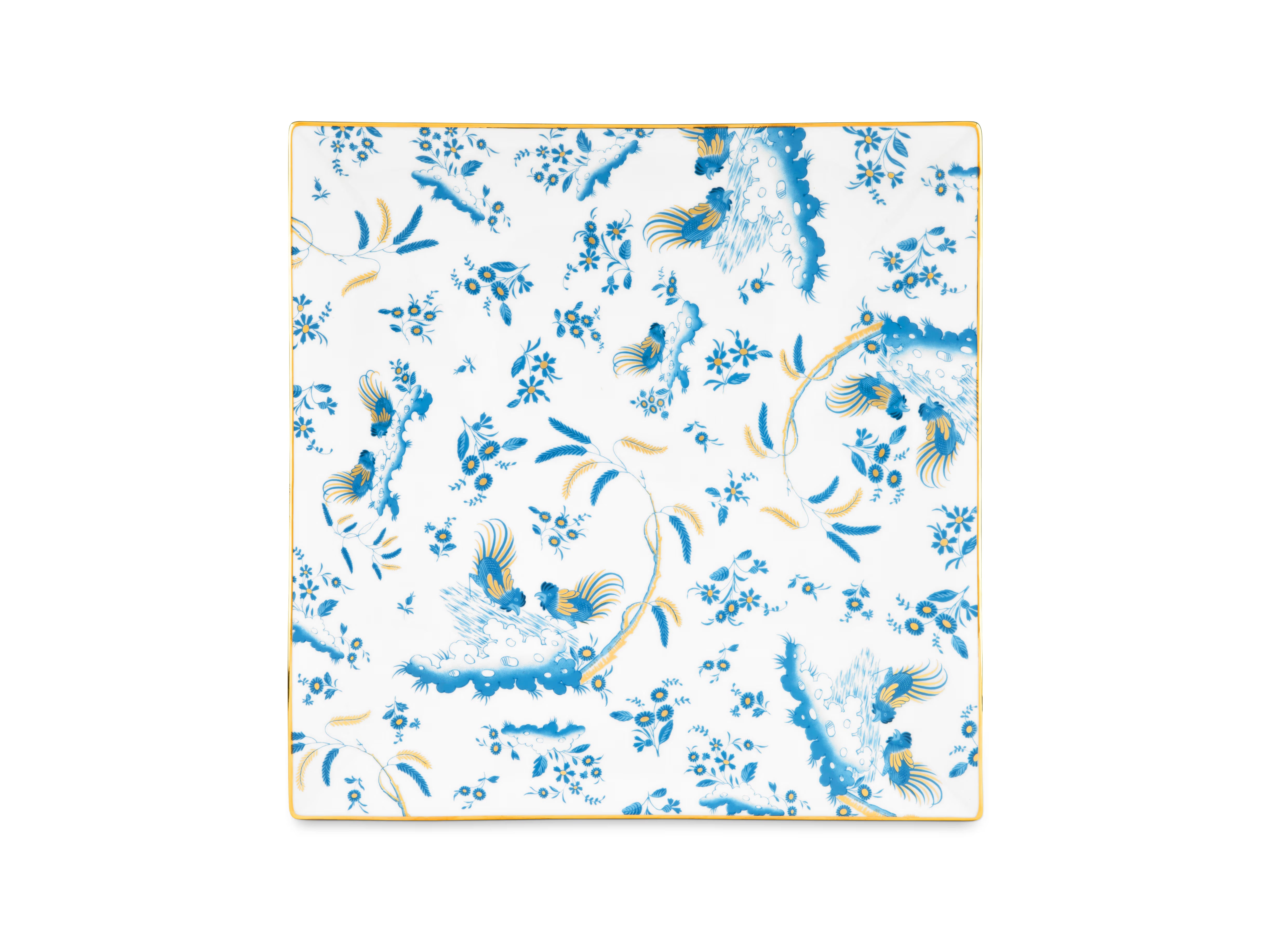 A square-shaped porcelain VIDE POCHE poche dish with a floral pattern and Blue accents, featuring the Ginori brand logo. Ji Ondori rooster "Ginori 1735 Is Luxury Tableware Brand And Also Great For Designer Home Gifts"