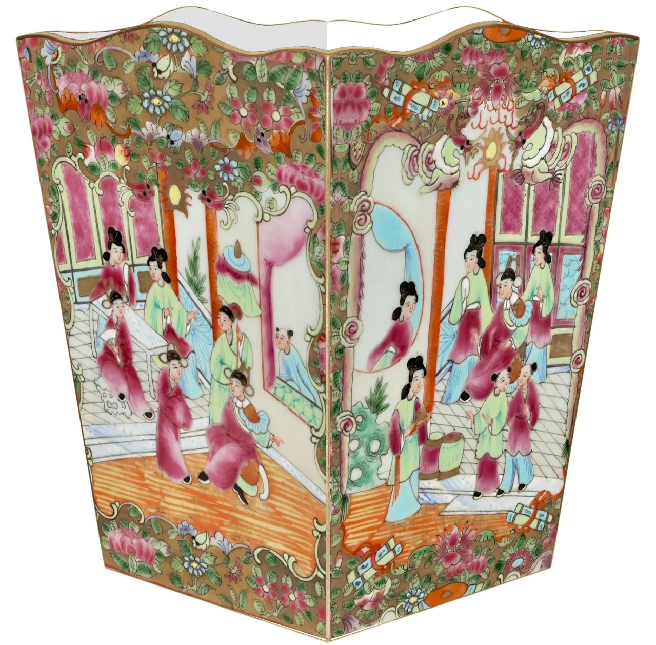 Bring timeless elegance to everyday spaces with the Rose Medallion People Wastebasket by Marye Kelley. Inspired by the beloved Rose Medallion porcelain pattern, this decorative wastebasket showcases an intricate scene accented with vibrant florals and traditional motifs, transforming a functional household essential into a sophisticated accent piece.