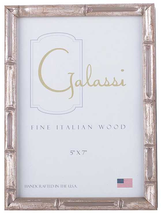 A silver bamboo frame designed for a 5x7 picture, with the brand 'Galassi' and 'Fine Italian Wood' indicated on the frame.